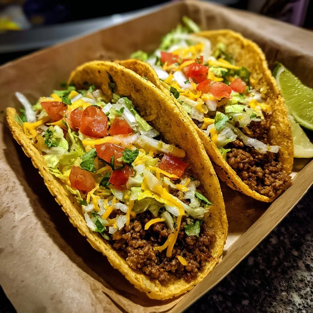 Leckere Smash Burger Tacos auf einem Teller serviert.