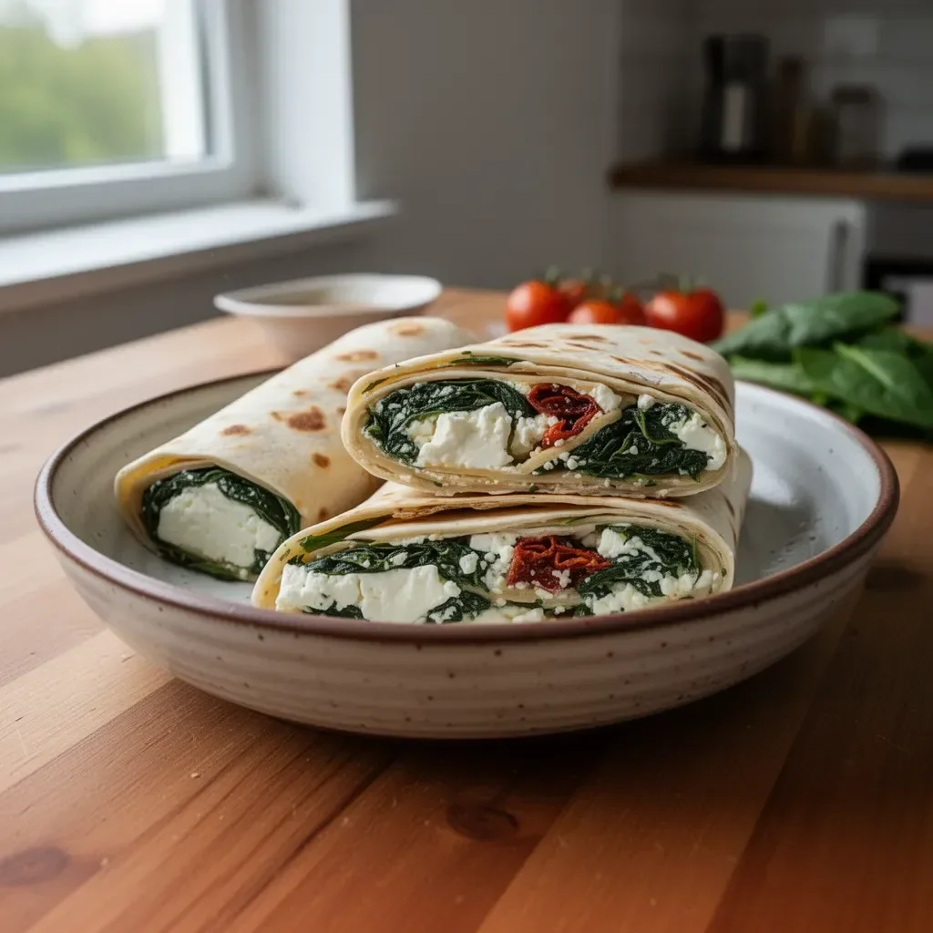 Leckere Spinat-Feta-Wraps auf einem Teller serviert