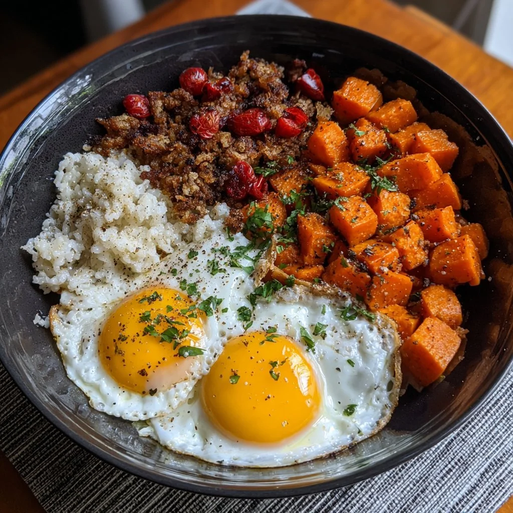 Süßkartoffel-Frühstücksschüssel mit frischem Gemüse und Ei