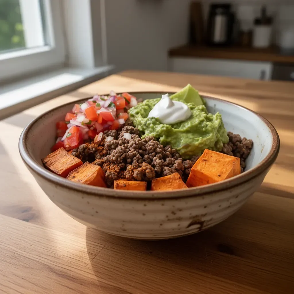 Süßkartoffel-Taco-Schüssel mit frischen Zutaten und würzigen Toppings