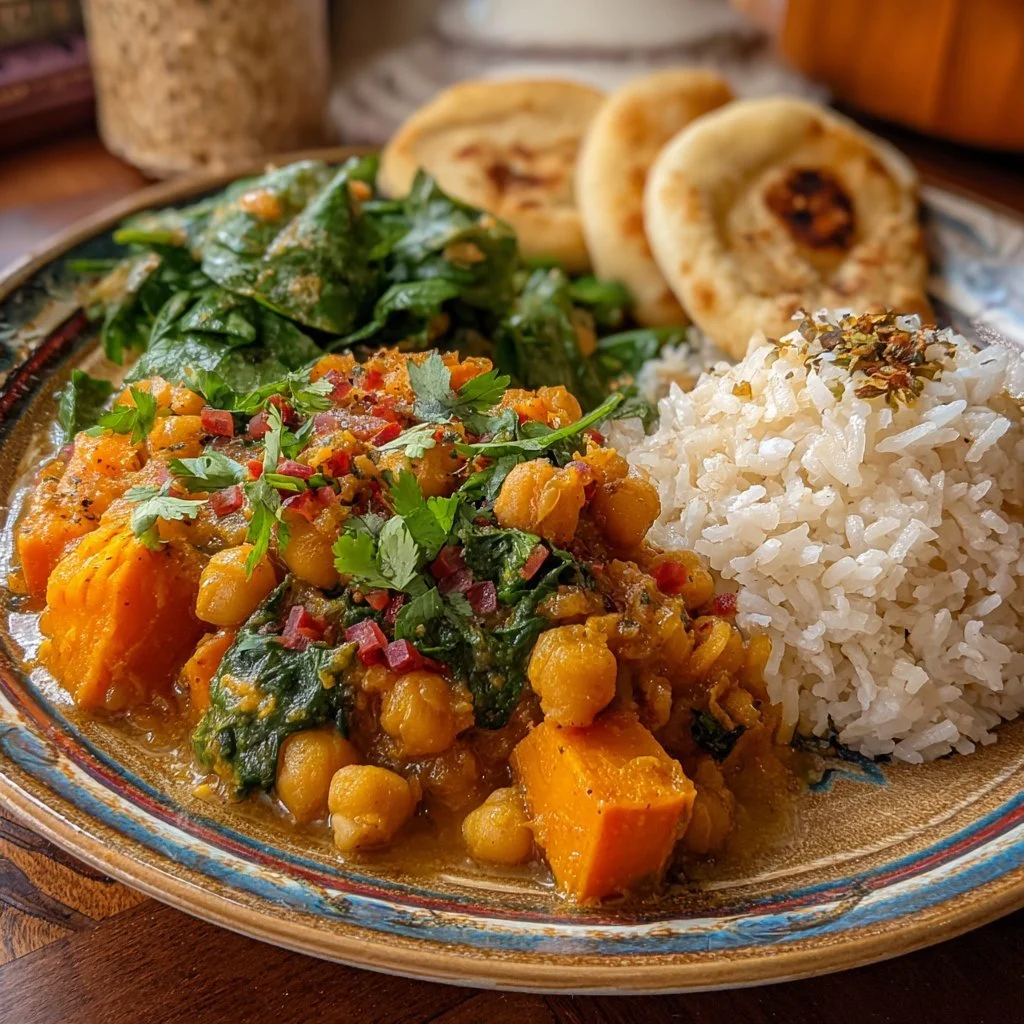 Süßkartoffel Kichererbsencurry in einer bunten Schüssel serviert