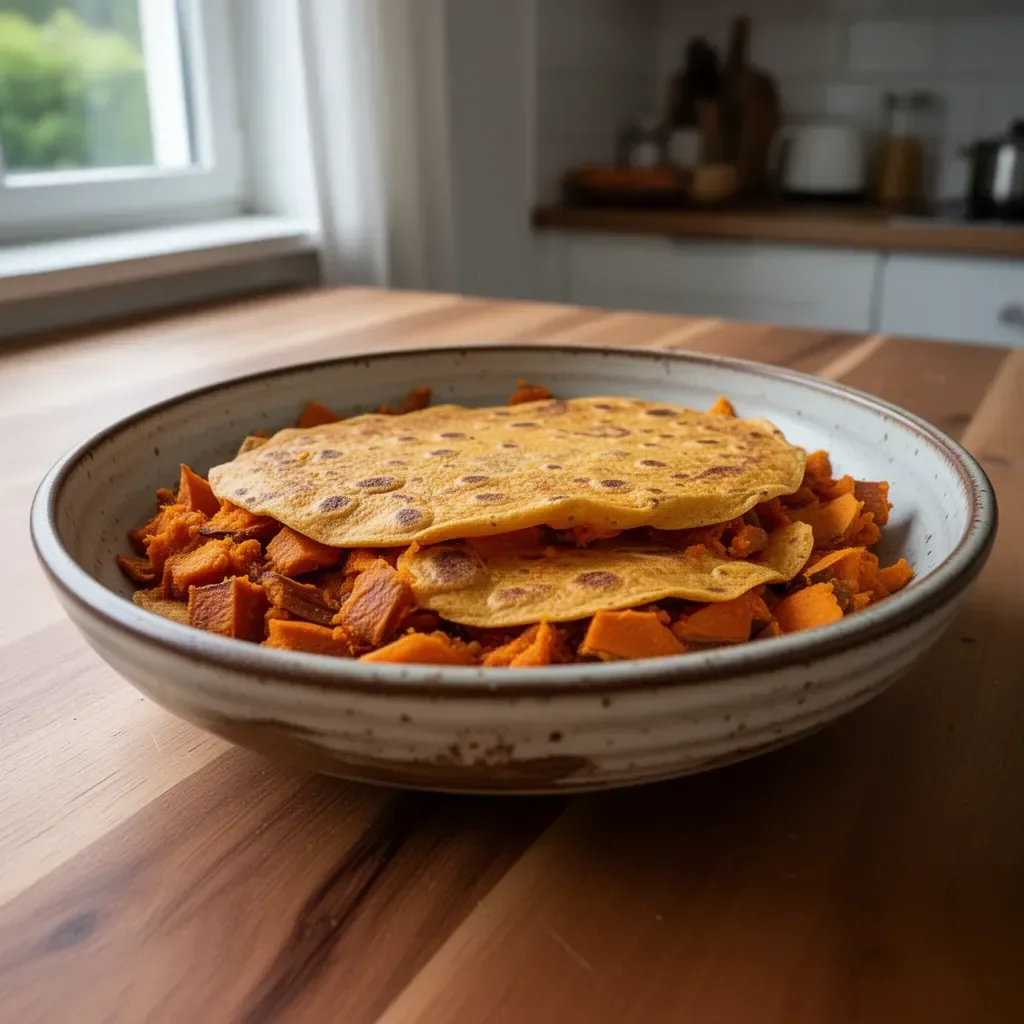 Hausgemachte Süßkartoffeltortillas auf einem Holzbrett.