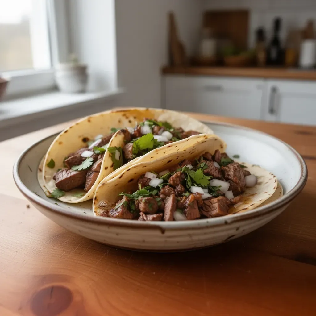 Leckere Tacos mit zartem Rindersteak auf einem Teller serviert