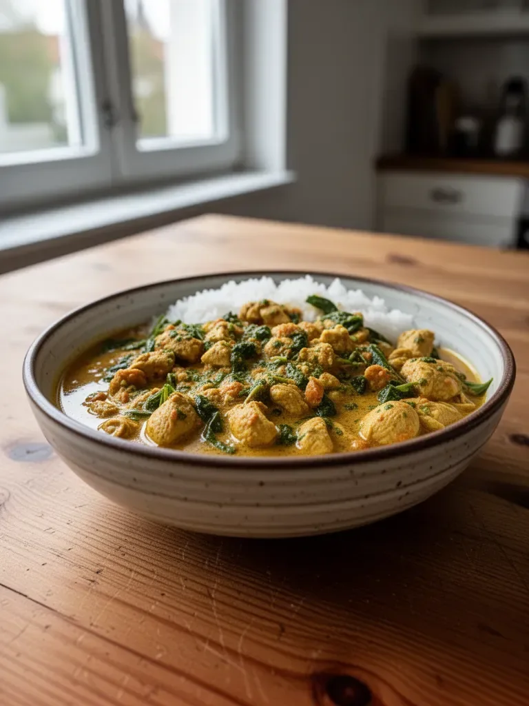 Thailändisches Hühner-Curry mit Kokosnuss auf einem Teller serviert