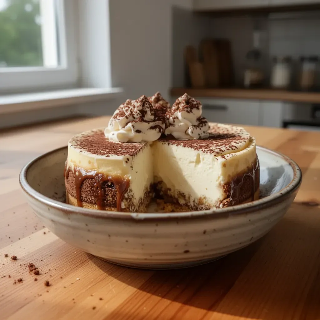 Leckerer Tiramisu-Käsekuchen mit Schichten aus Käsecreme und Kaffee.