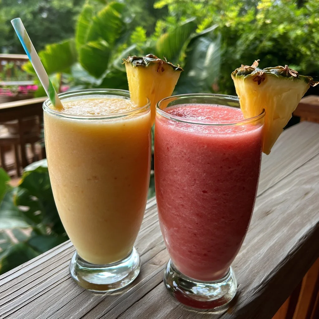 Tropischer Strandshake mit frischen Früchten und Kokosnuss in einem Glas
