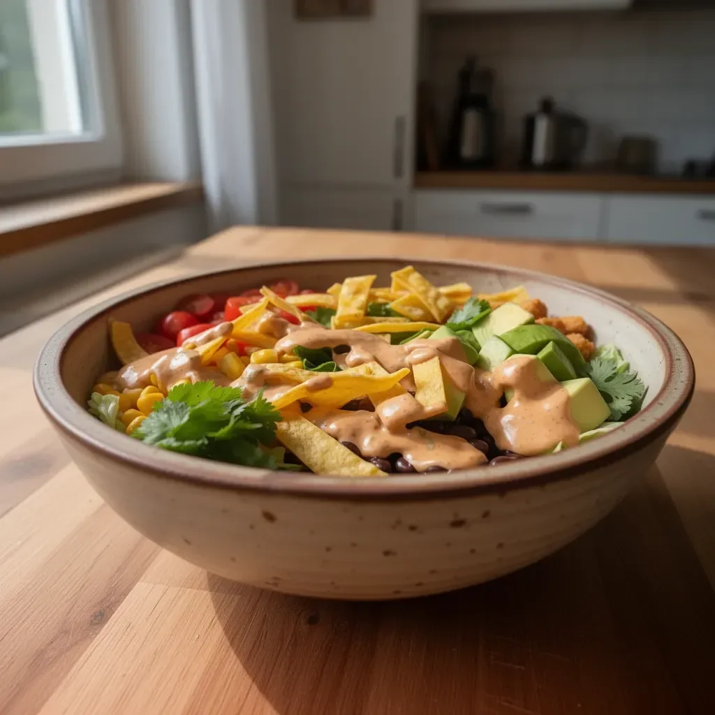 Veganer Taco-Salat mit Chipotle-Dressing auf einem Teller angerichtet.