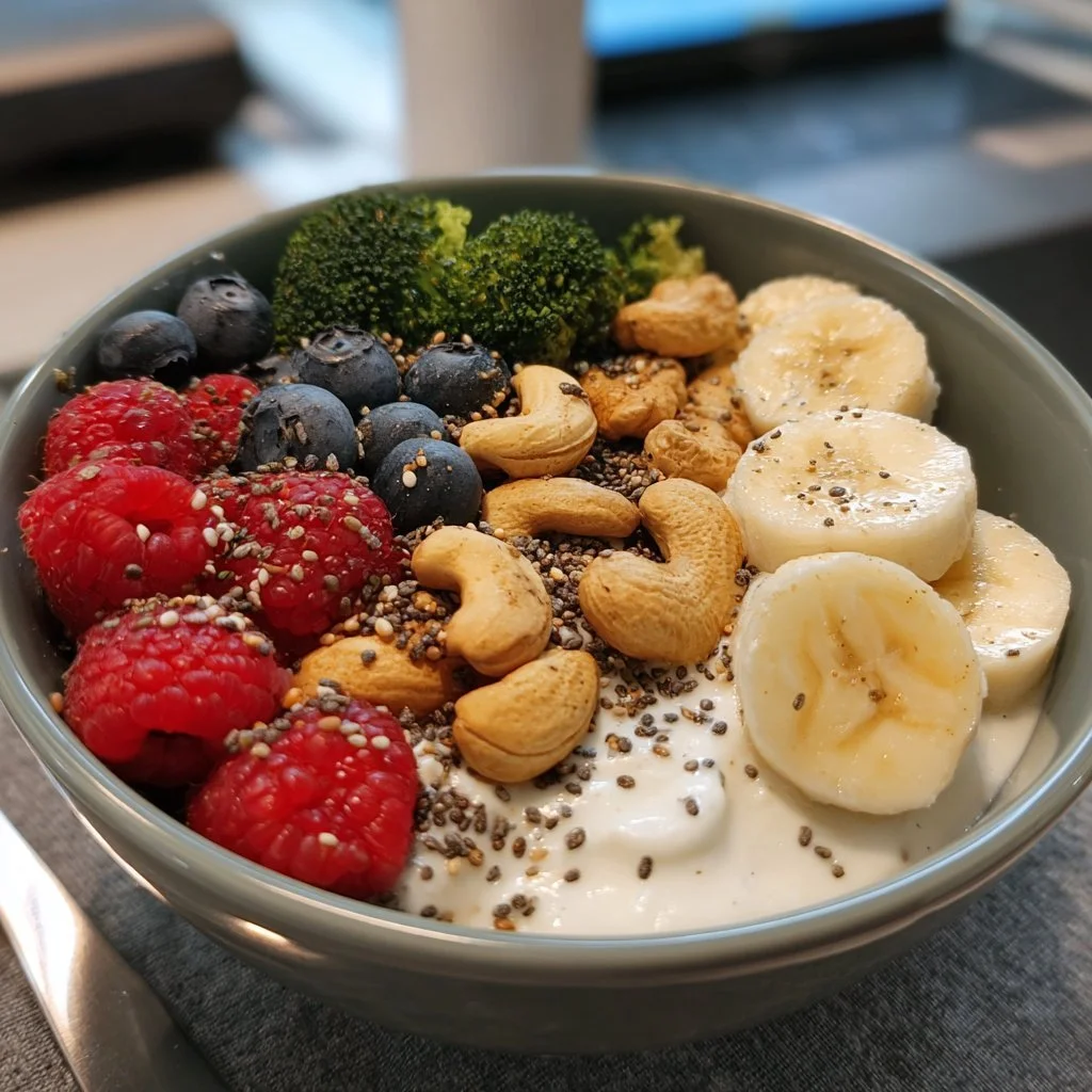 Vegane griechische Joghurt Superfood-Becher mit frischen Früchten und Nüssen