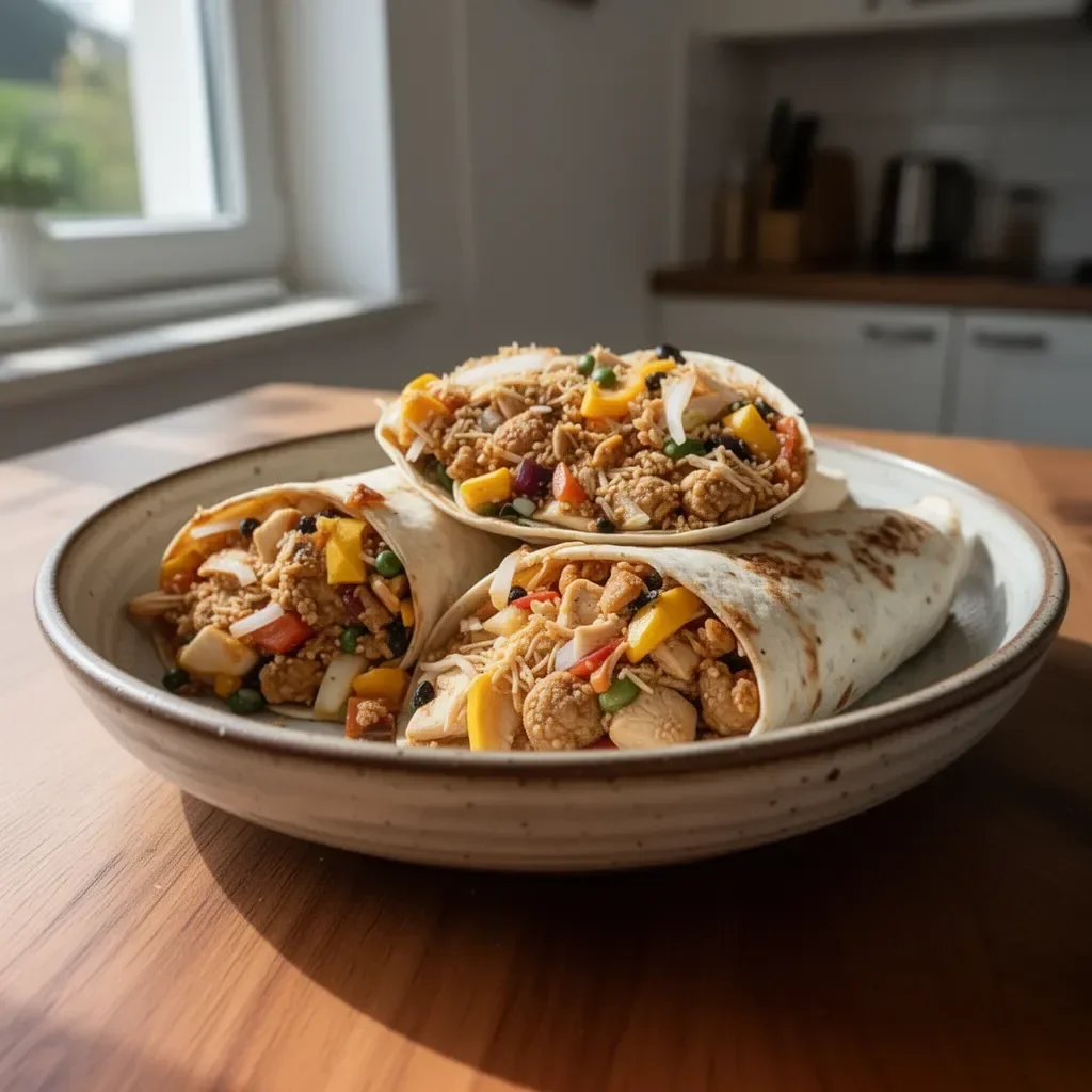 Leckerer Hühnchen Wrap aus dem Südwesten auf einem Teller