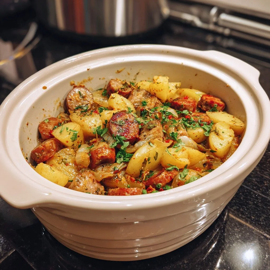 Wurst Kartoffelauflauf im Slow Cooker serviert mit frischen Beilagen