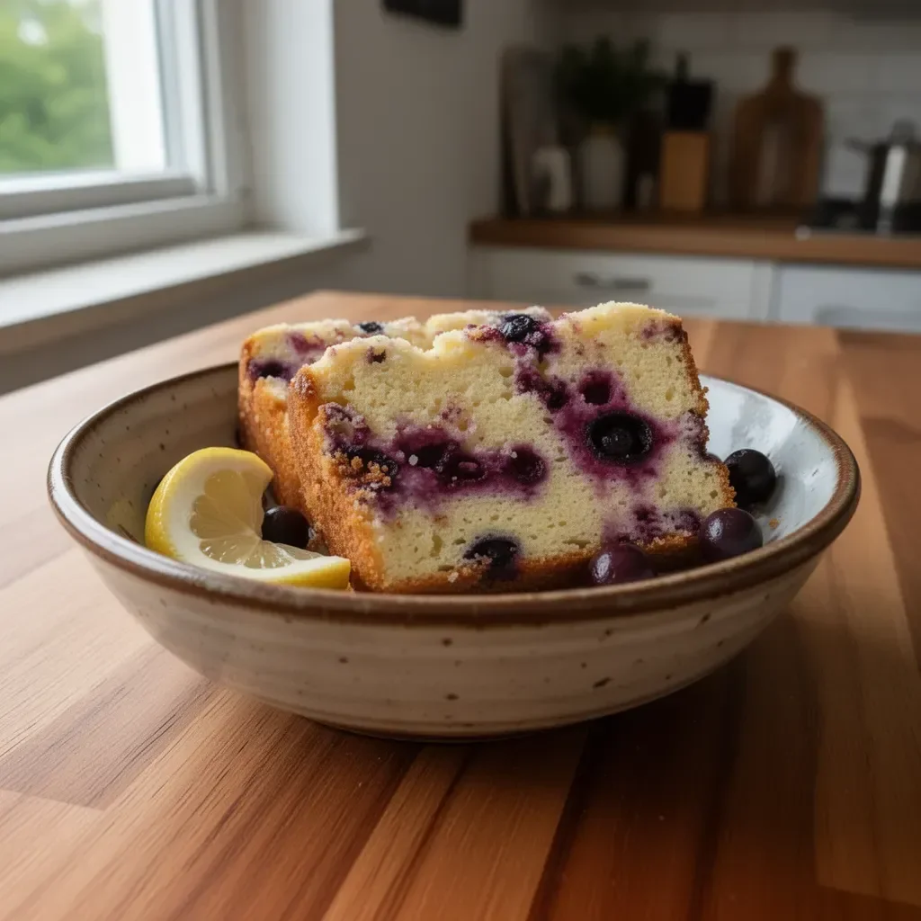 Zitronen-Joghurtkuchen mit Heidelbeeren auf einem Teller serviert