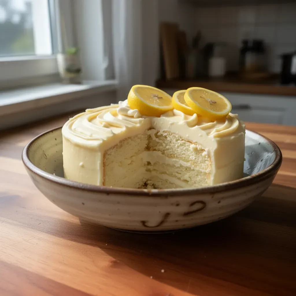 Erfrischender Zitronen-Käsekuchen auf einem Teller, garniert mit Zitronenscheiben.