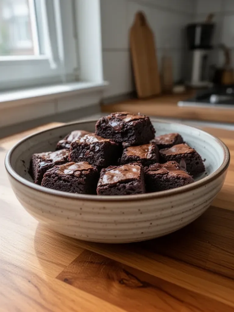 Leckere, zuckerfreie Brownies auf einem Tisch serviert