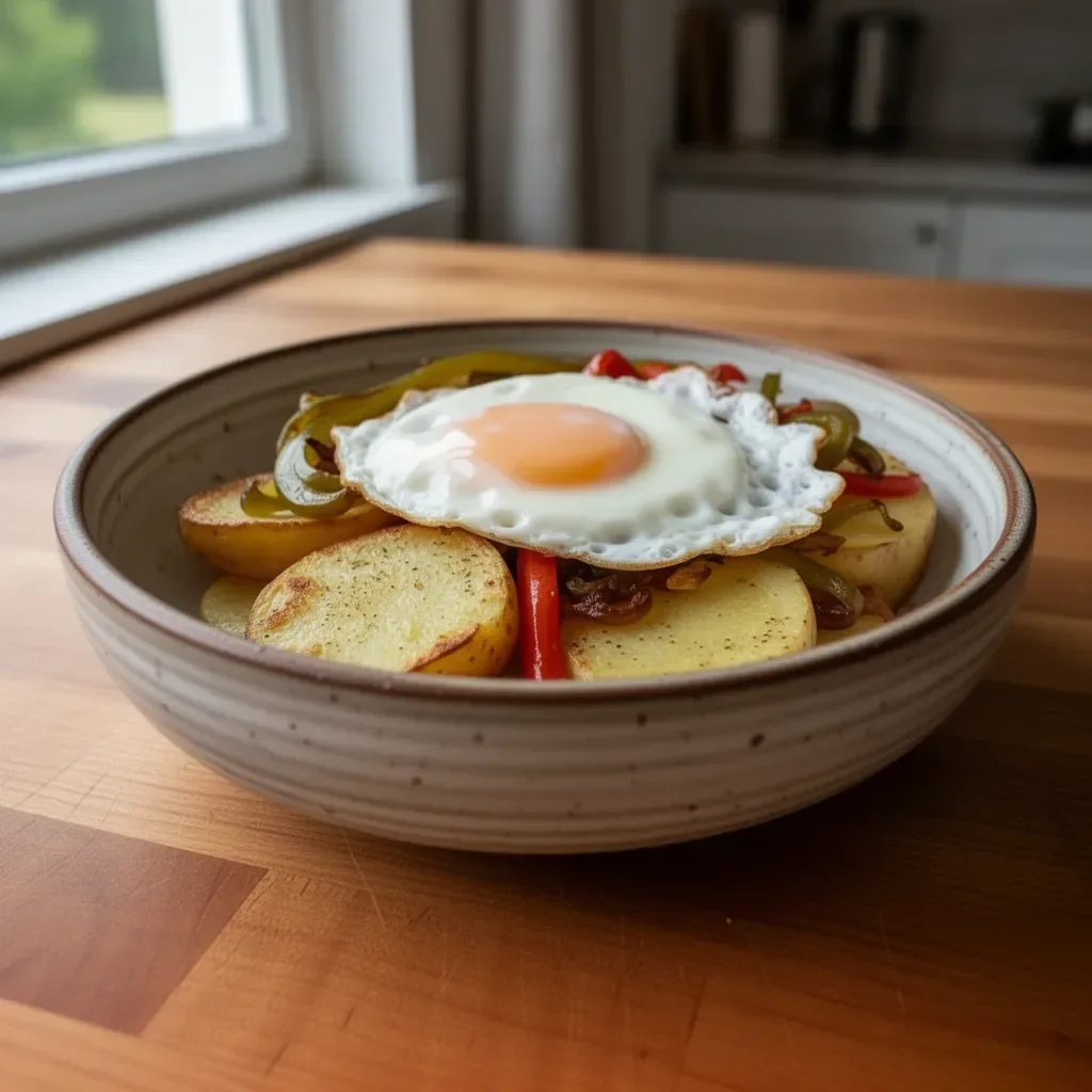 Arme Leute Kartoffeln aus dem Ofen mit Ei auf einem Teller serviert
