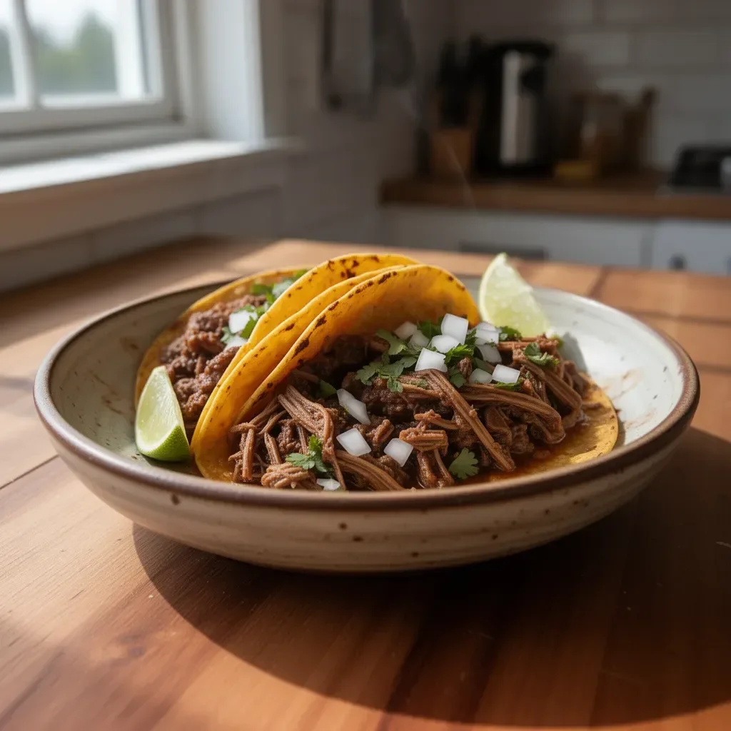 Authentische Birria-Tacos serviert mit köstlicher Brühe und frischen Zutaten.