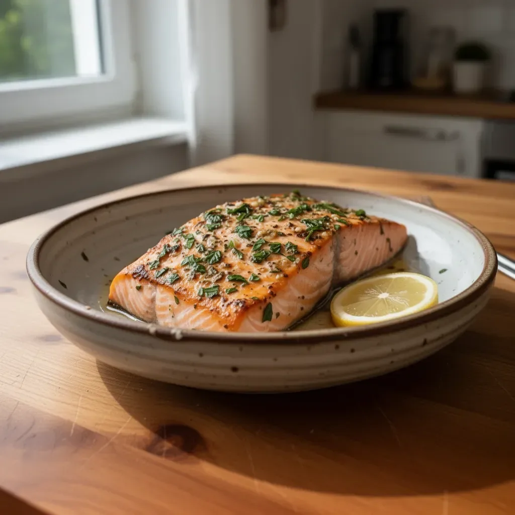 Zubereitung von Backofenlachs auf einem Küchentisch mit frischen Kräutern