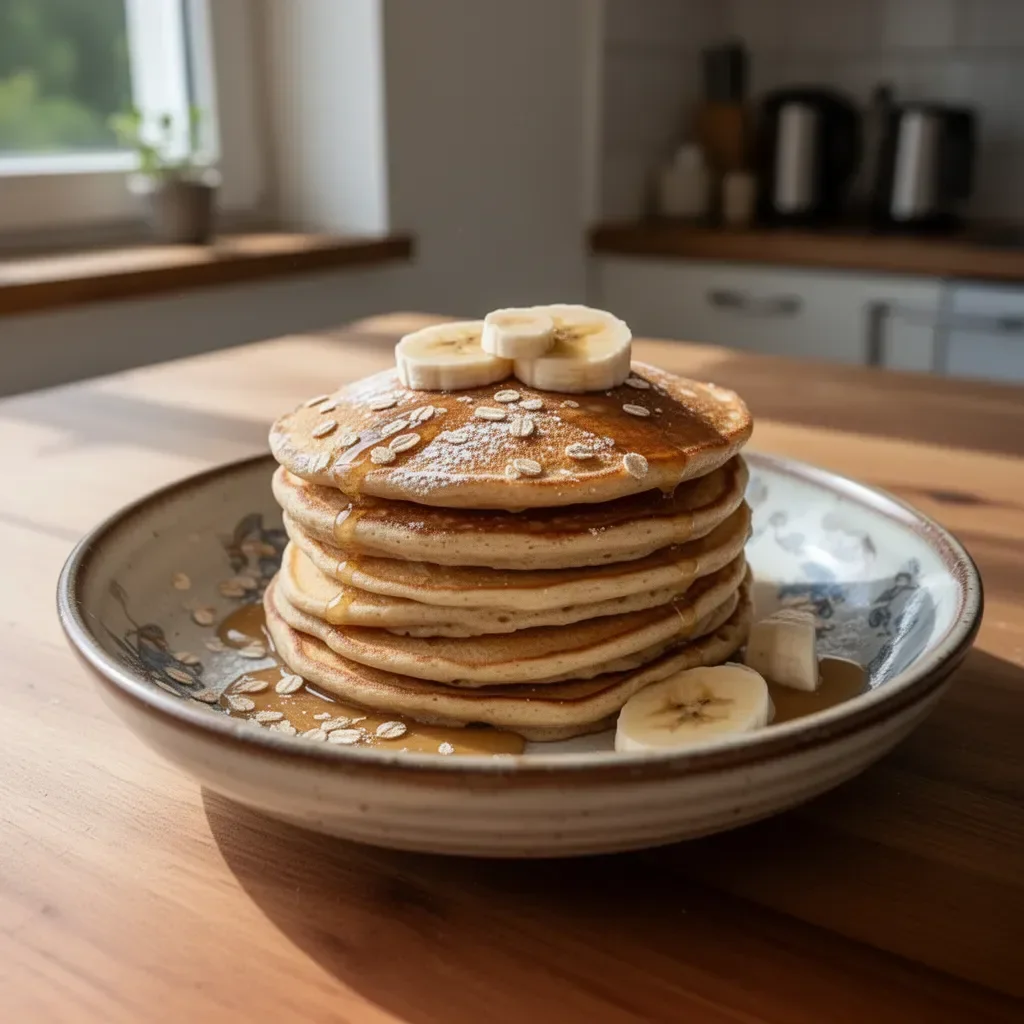 Leckere Bananen-Oatmeal-Pfannkuchen auf einem Teller, perfekt für ein gesundes Frühstück.