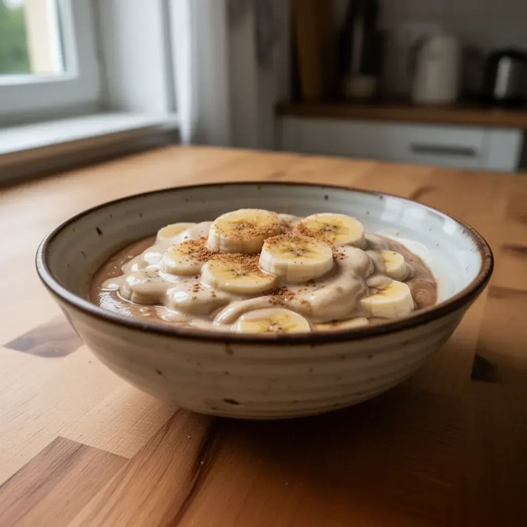 Bananencreme-Latte mit braunem Zucker in einem eleganten Glas serviert