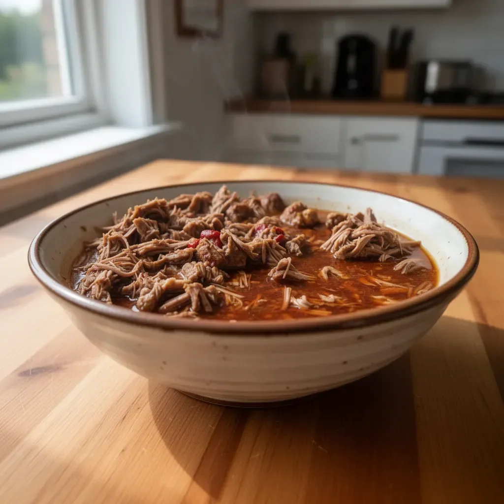 Delikate Barbacoa mit Gewürzen serviert auf einem Tisch.