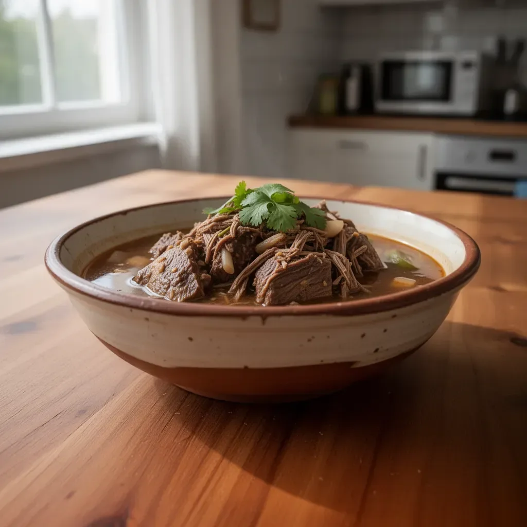 Traditionelles Birria Konsomé aus Mexiko in einer Schüssel serviert.