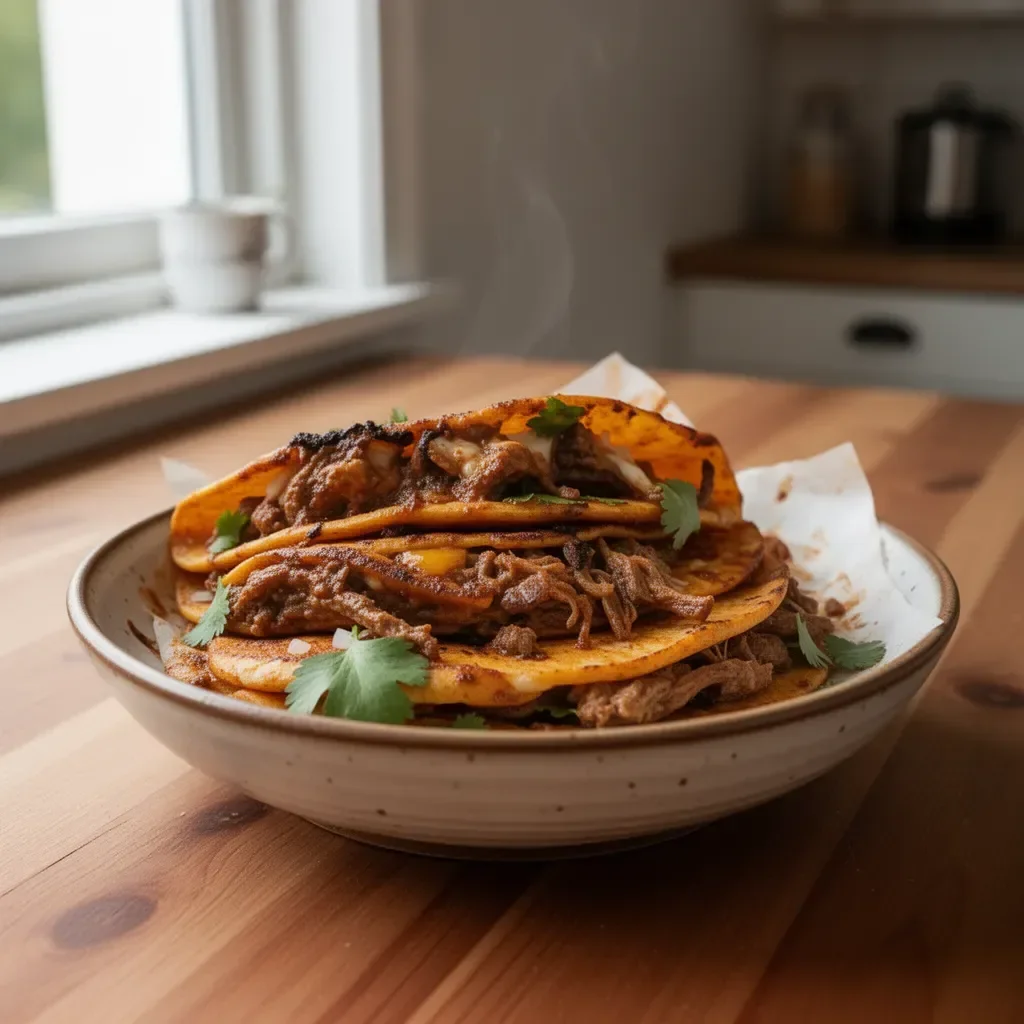 Leckere Birria-Tacos frisch zubereitet im Slow Cooker