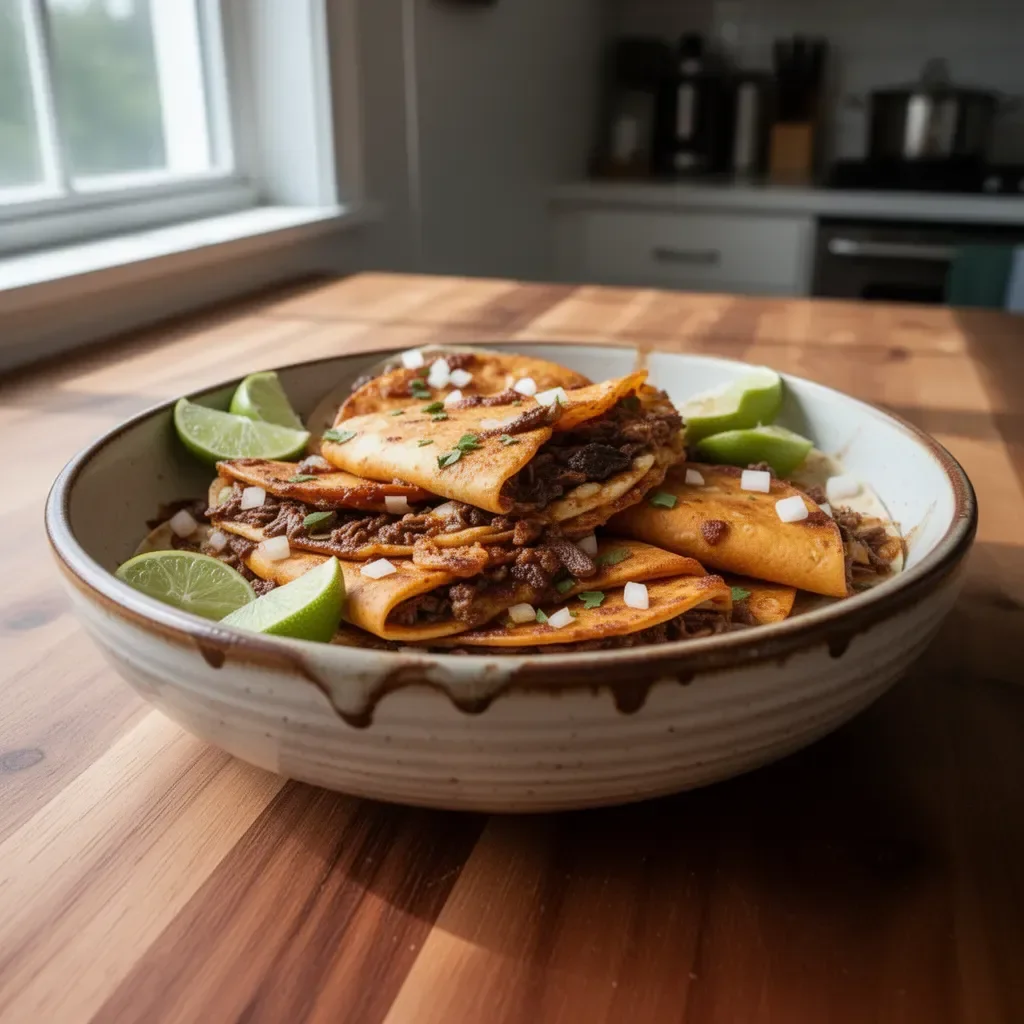 Leckere Birria Tacos, auch bekannt als Quesabirria, serviert mit Brühe.