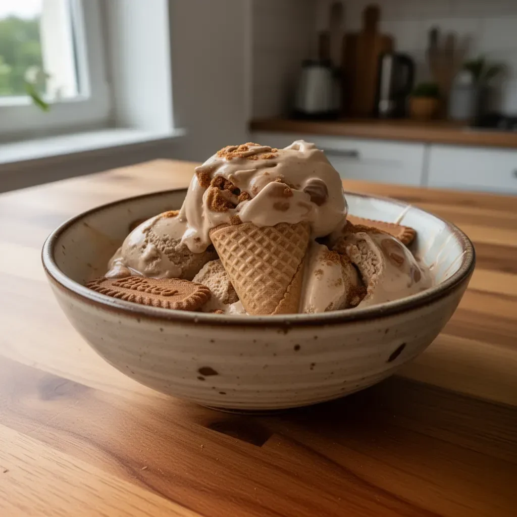 Schüssel mit Biscoff-Eis ohne Einfrieren, dekoriert mit Keksbröseln.