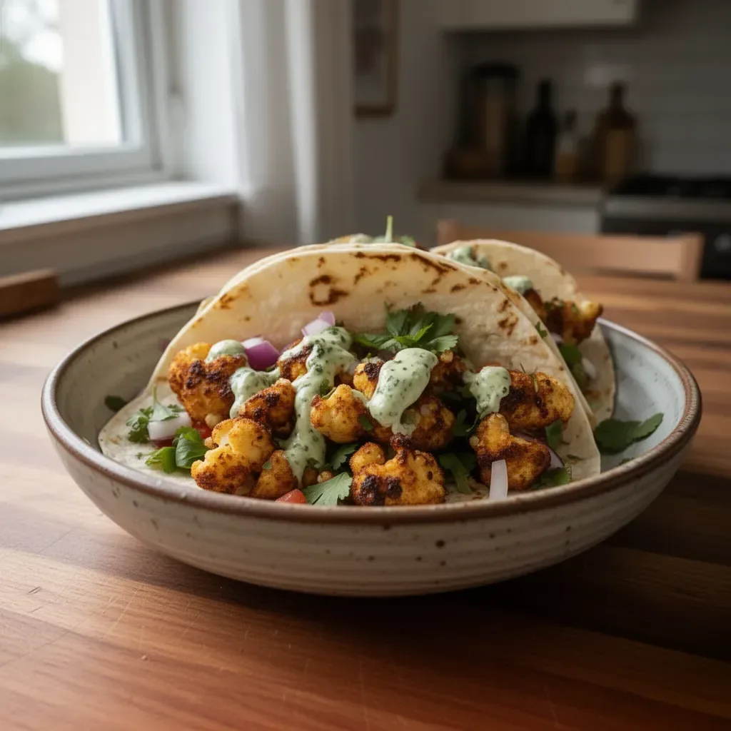 Leckere Blumenkohl-Tacos serviert auf einem Teller, ideal für gesunde Mahlzeiten.
