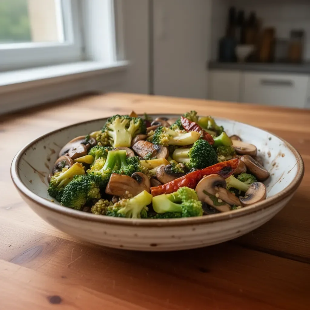 Leckere Broccoli und Champignonpfanne auf einem Teller