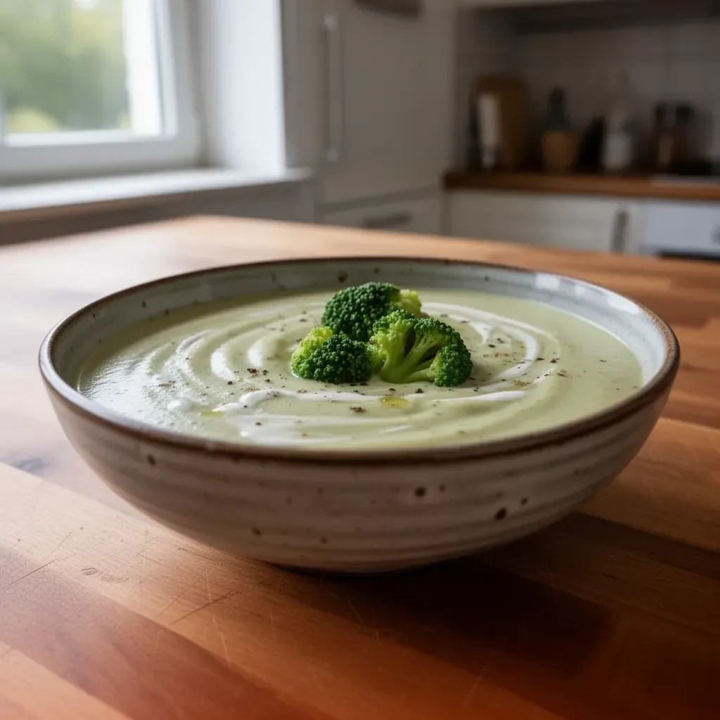 Eine Schüssel Brokkoli-Cremesuppe nach Gordon Ramsay's Rezept.