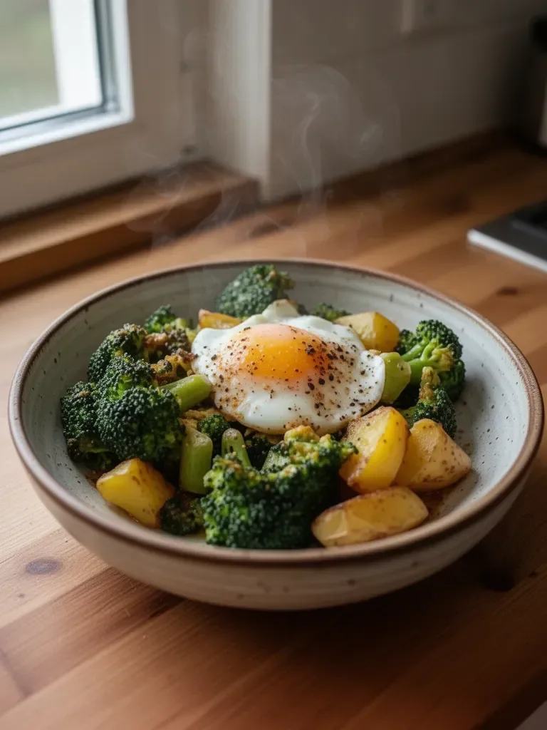Brokkoli mit Kartoffeln und gekochtem Ei