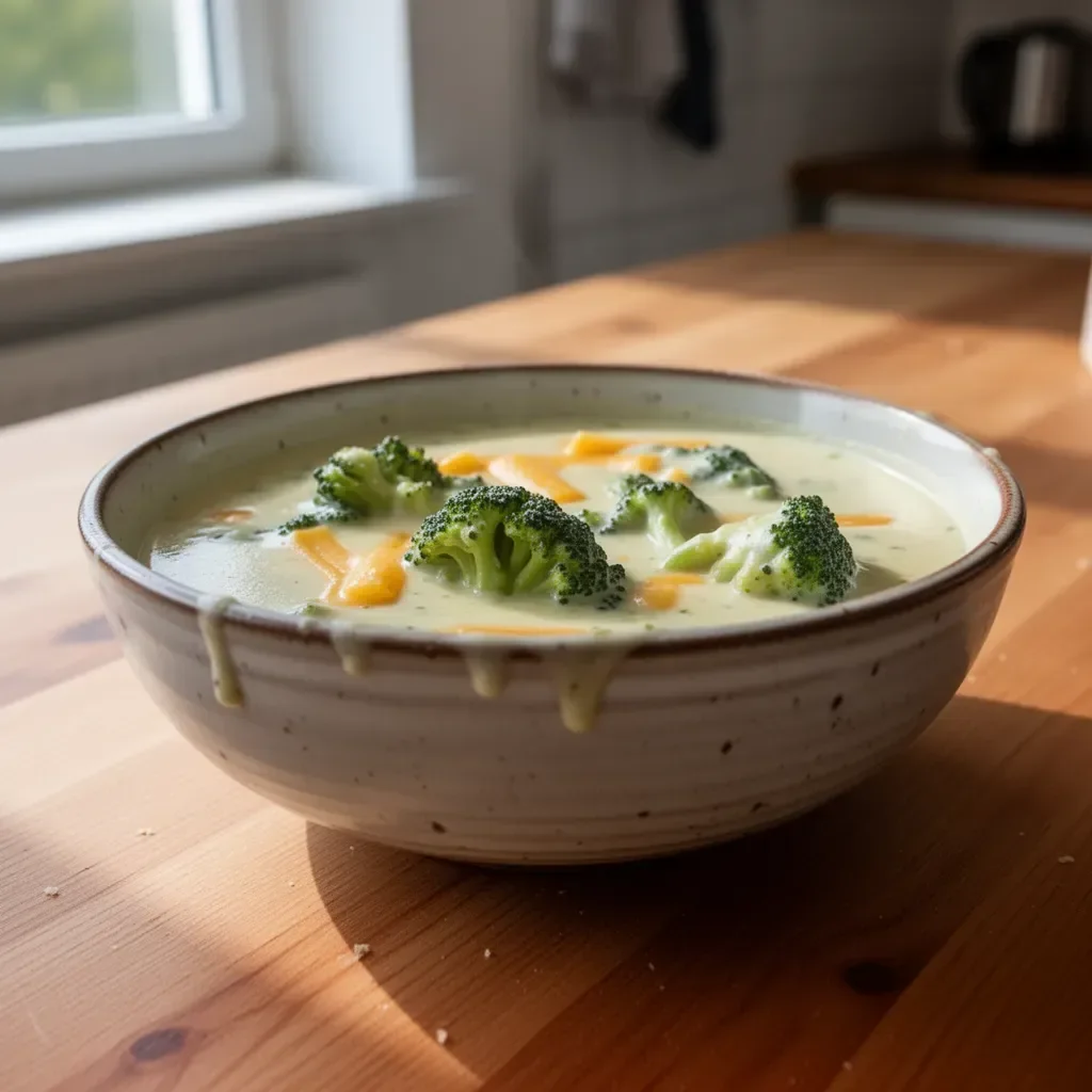 Leckere Brokkolicremesuppe mit Käse in einer Schüssel serviert