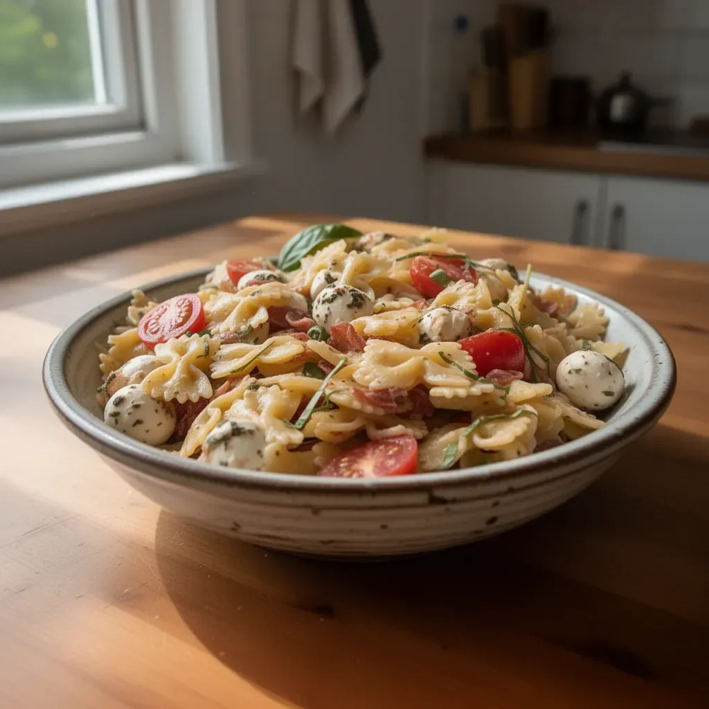 Schüssel mit Caprese Pasta Salad aus Tomaten, Mozzarella und frischem Basilikum