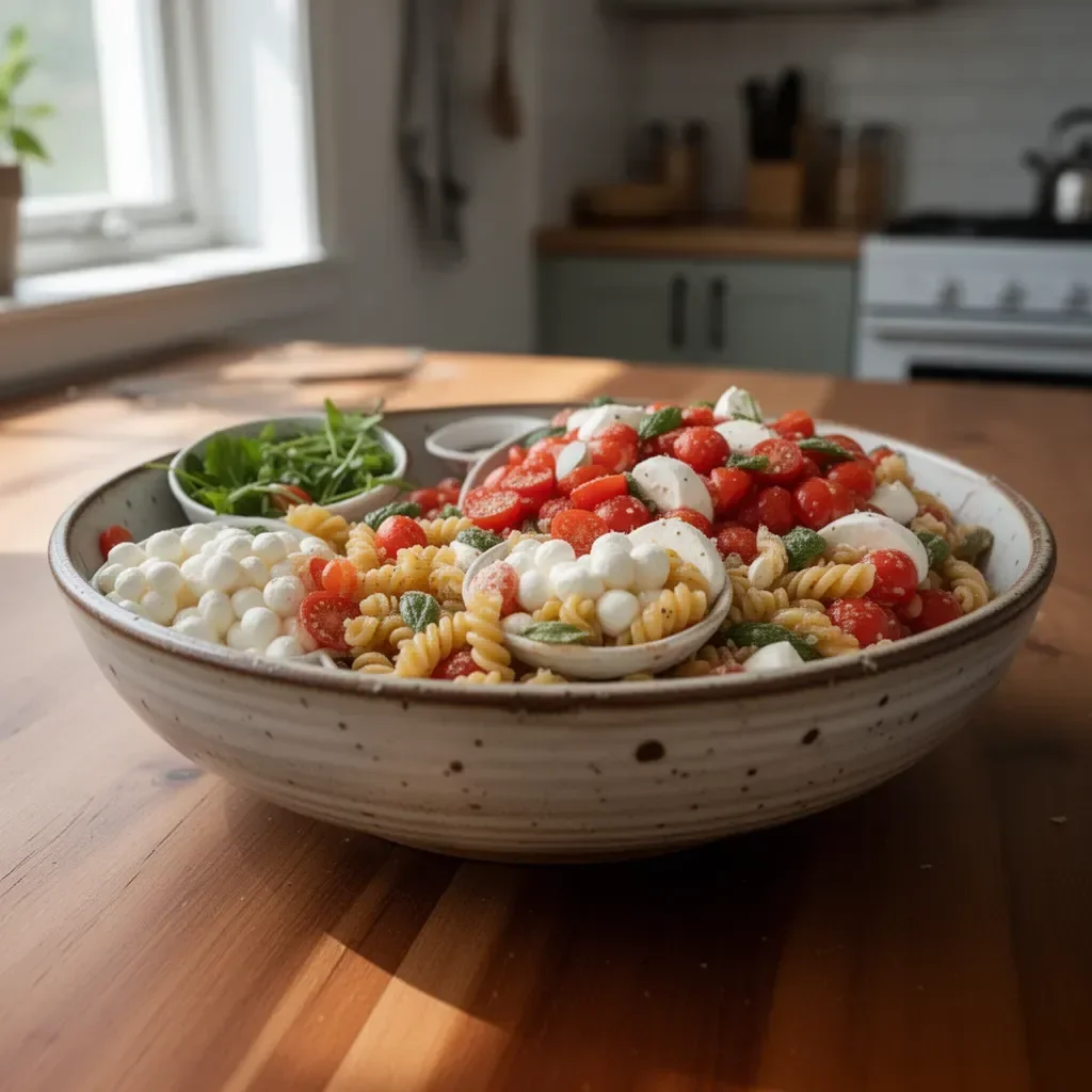 Frischer Caprese-Pastasalat mit Tomaten, Mozzarella und Basilikum.