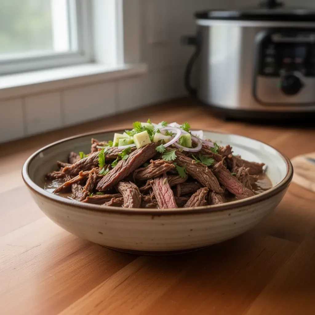 Slow Cooker Carne Asada mit frischen Zutaten und Gewürzen