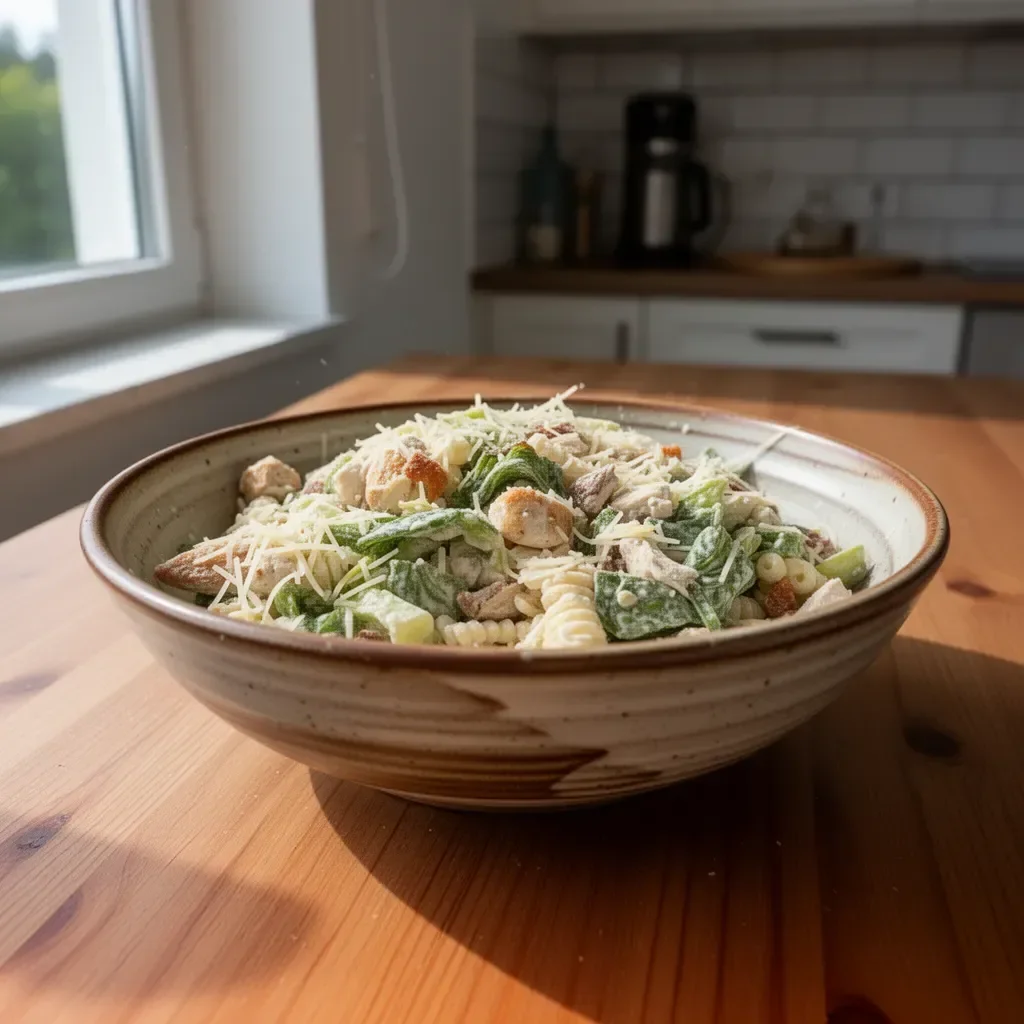 Cesar-Pasta-Salat mit Hähnchen auf einem Teller angerichtet