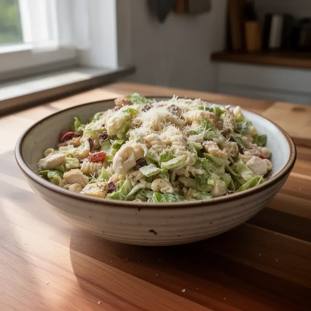 César-Pasta-Salat mit Hühnchen, frisch zubereitet und lecker angerichtet.