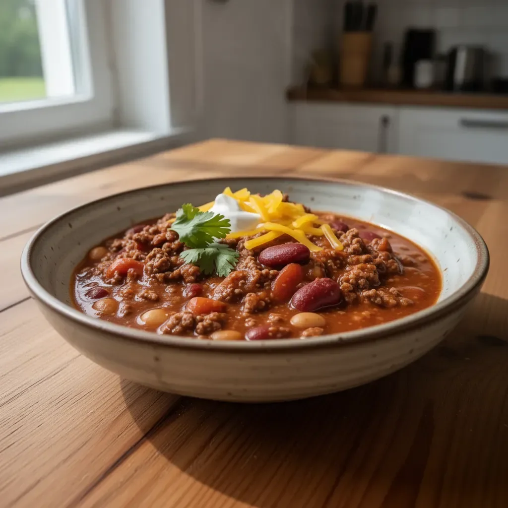 Leckeres Chili mit Rinderhackfleisch, serviert mit frischen Kräutern.