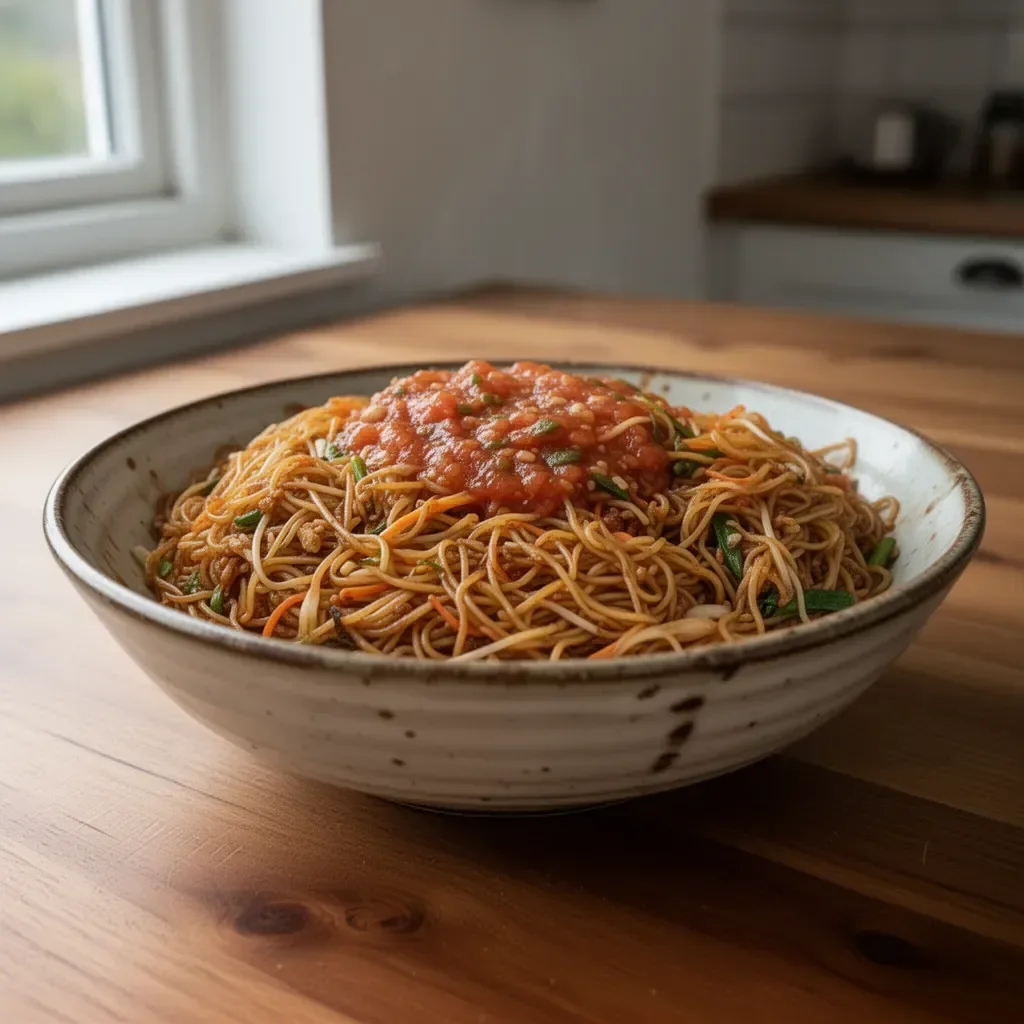 Authentisches Chow Mein mit Sauce auf einem Teller angerichtet
