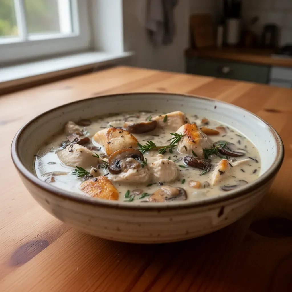 Cremige Hühnersuppe mit Champignons und Wildreis in einer Schüssel serviert.