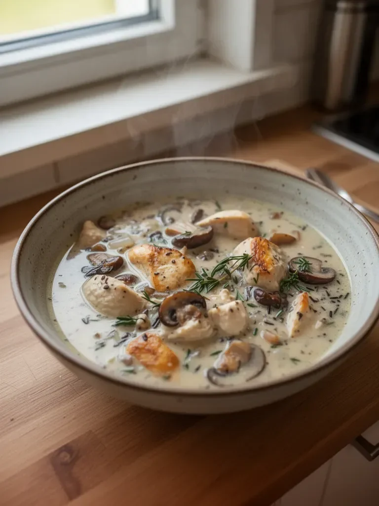 Cremige Hühnersuppe mit Champignons und Wildreis