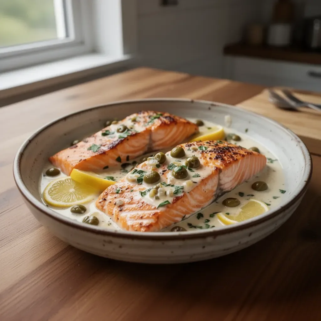 Cremige Limonen-Piccata mit Kapern und Lachs auf einem Teller angerichtet