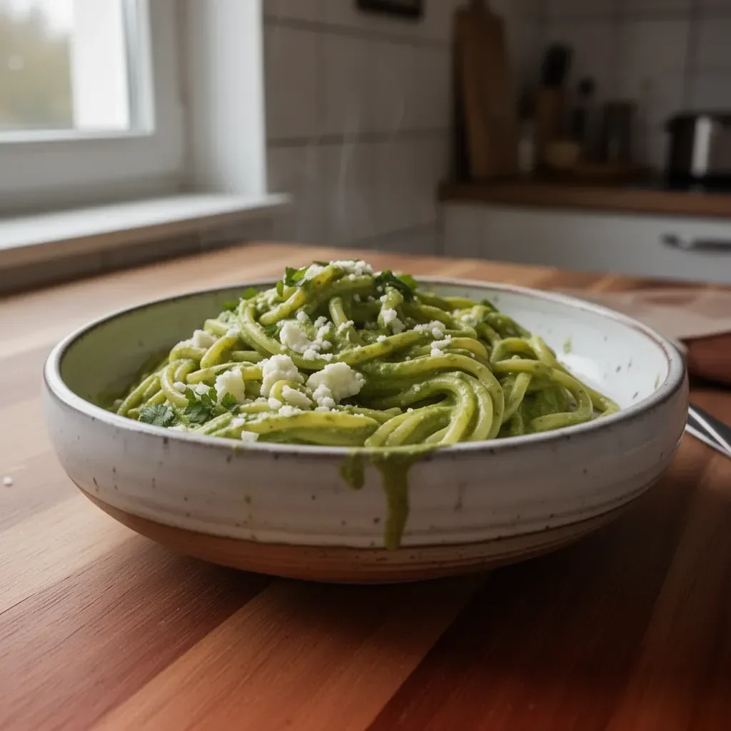 Cremige Mexikanische Grüne Spaghetti auf einem Teller serviert.