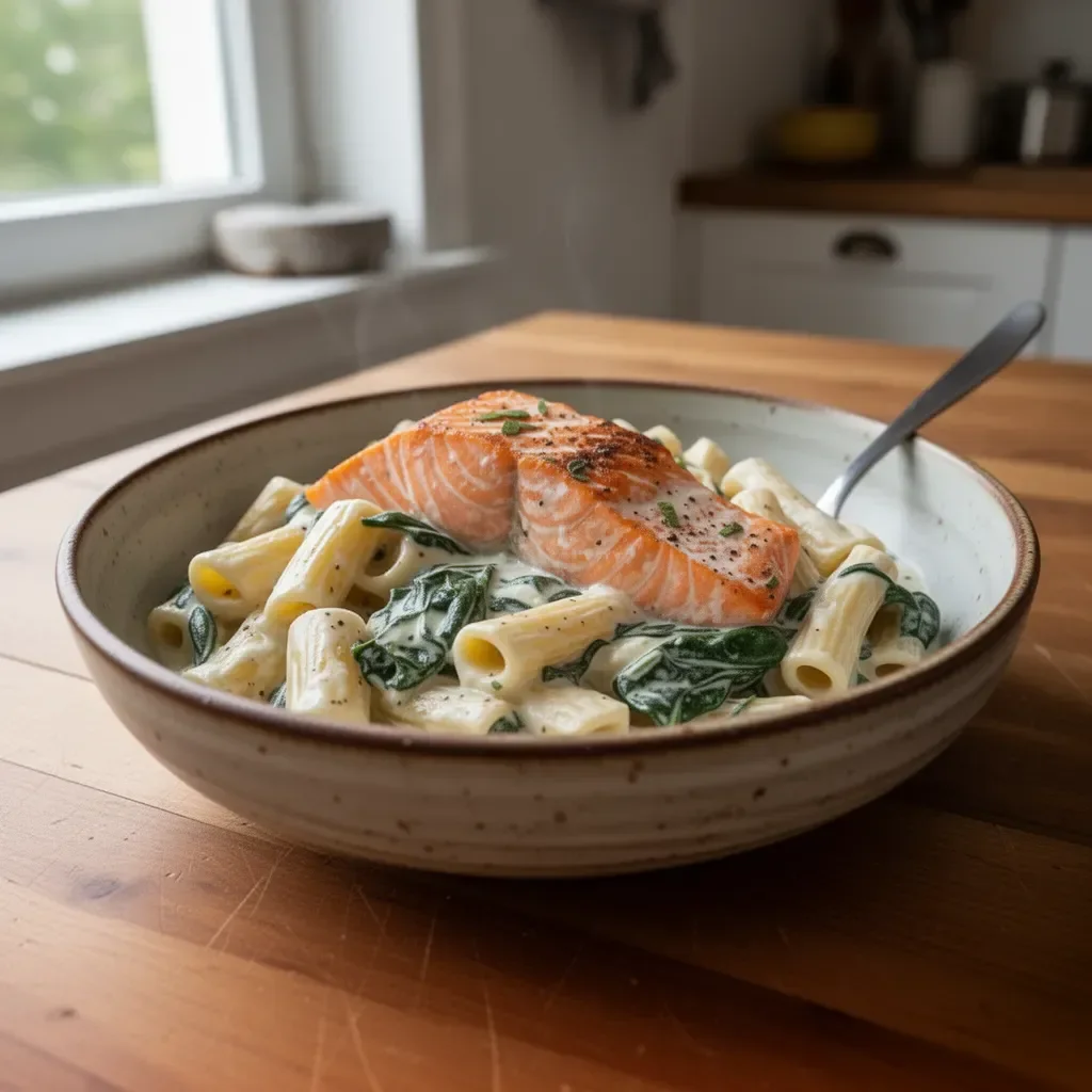 Cremige Pasta mit Lachs und Spinat auf einem Teller serviert.
