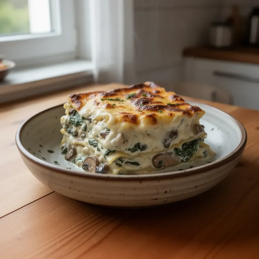 Cremige Spinat Champignon Lasagne frisch aus dem Ofen