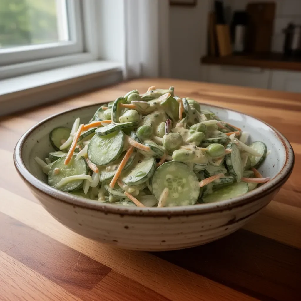 Cremiger asiatischer Gurkensalat mit frischen Zutaten und würzigem Dressing