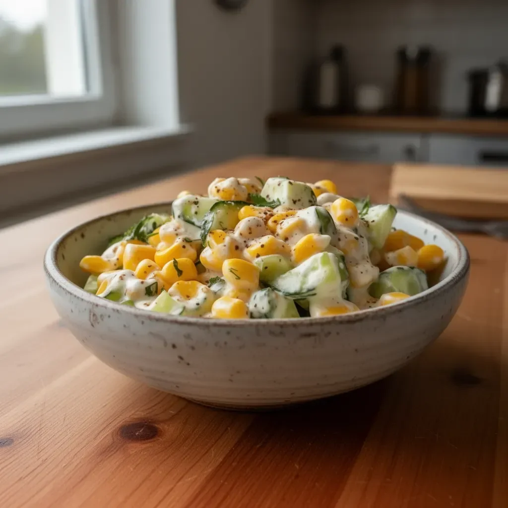 Cremiger Mais- und Gurkensalat in einer dekorativen Schüssel.
