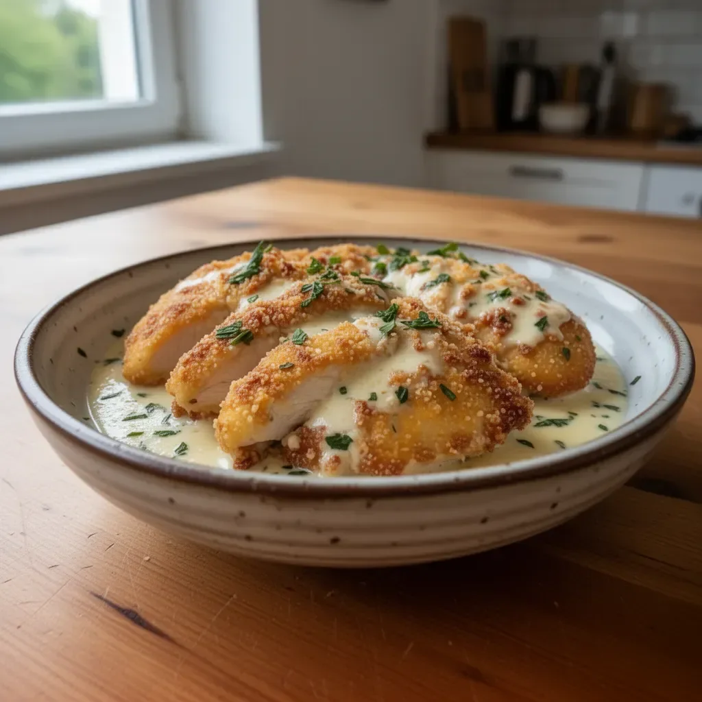 Cremiges Parmesan-Hühnchen in einer leckeren Parmesan-Sahnesoße serviert