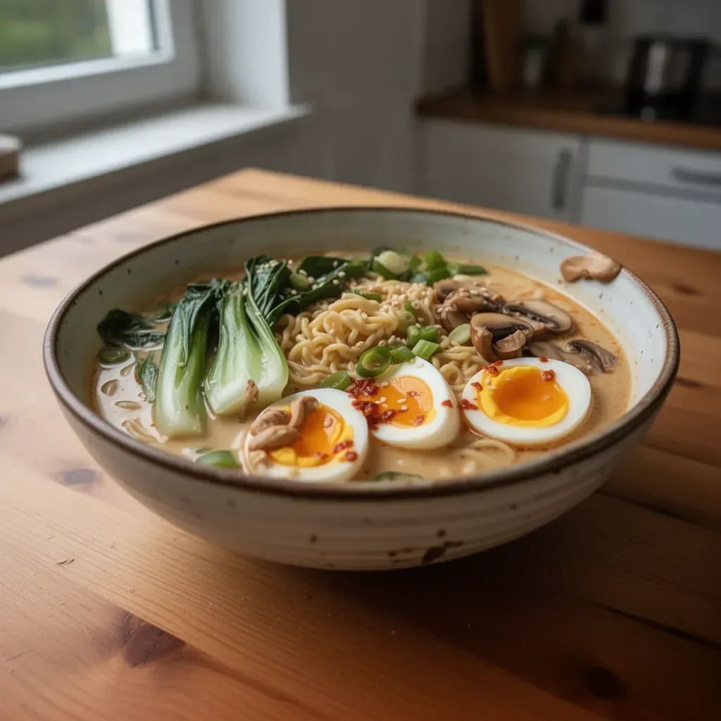 Cremiger Ramen mit Erdnuss und Kokos in einer Schüssel serviert