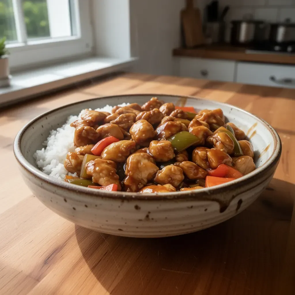Leckeres Teriyaki-Hühnchen serviert mit Gemüse und Reis